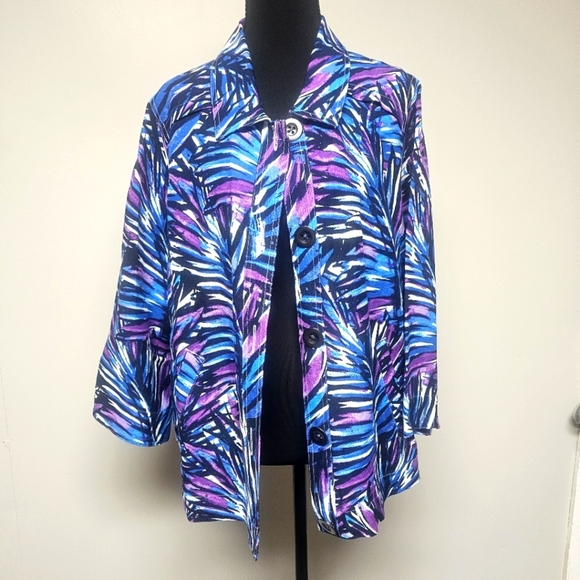 Purple Amethyst Turquoise Blue Palm Leaf Tropical Linen Blend Jacket Art To Wear - Picture 1 of 6
